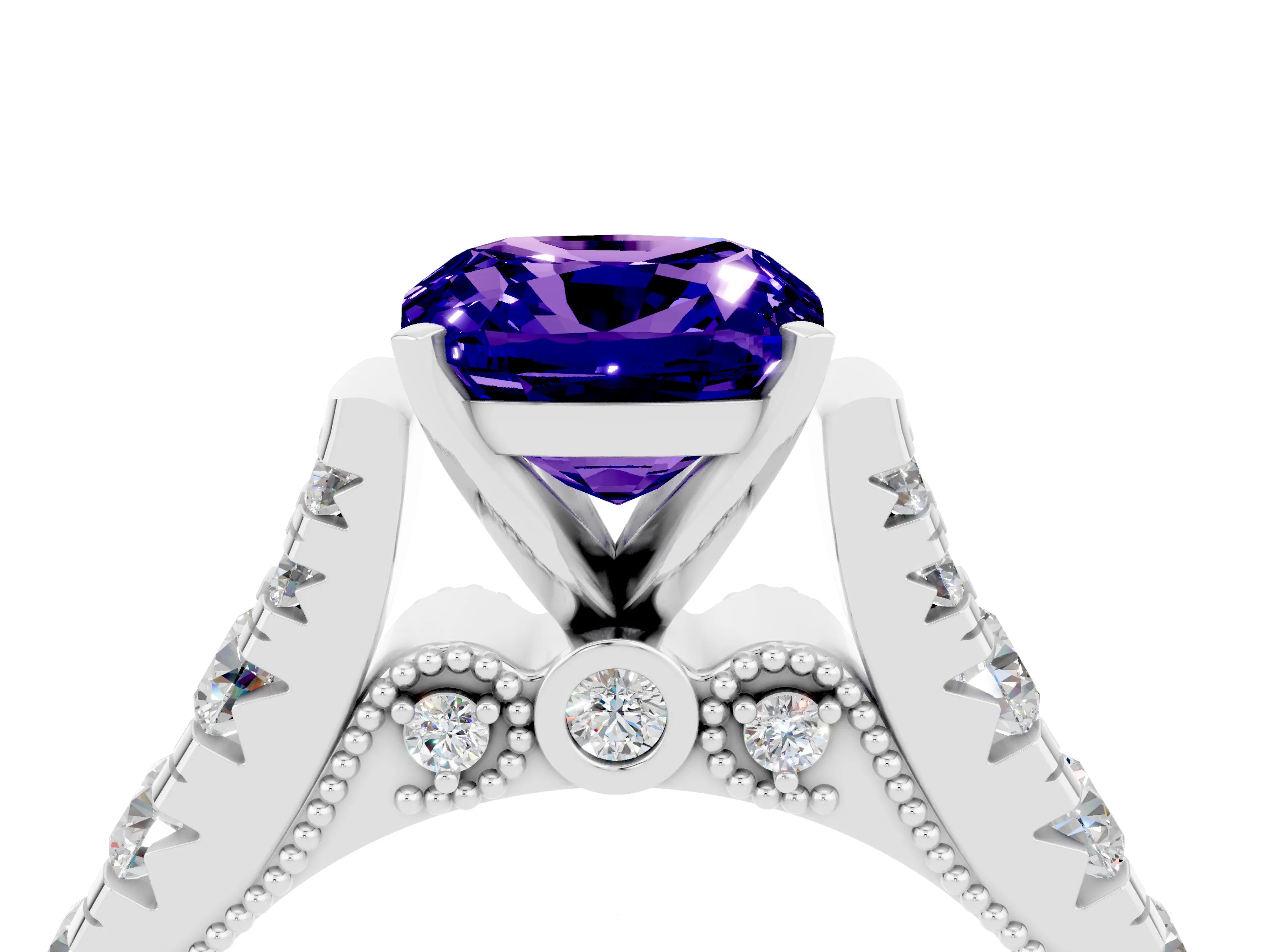 White gold Cushion Cut Tanzanite Classic Solitaire Ring with Pavé Band and Four-Prong Setting_4