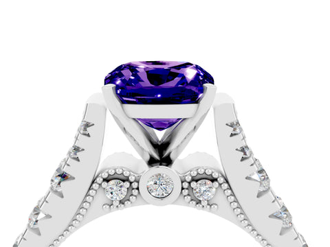 White gold Cushion Cut Tanzanite Classic Solitaire Ring with Pavé Band and Four-Prong Setting_4