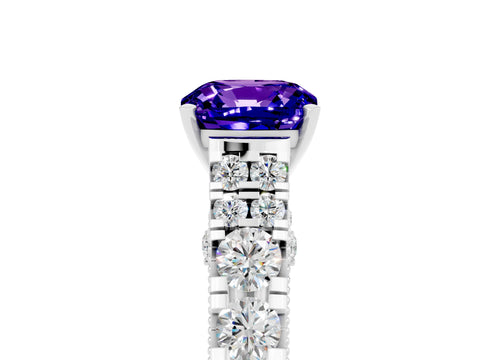 White gold Cushion Cut Tanzanite Classic Solitaire Ring with Pavé Band and Four-Prong Setting_5
