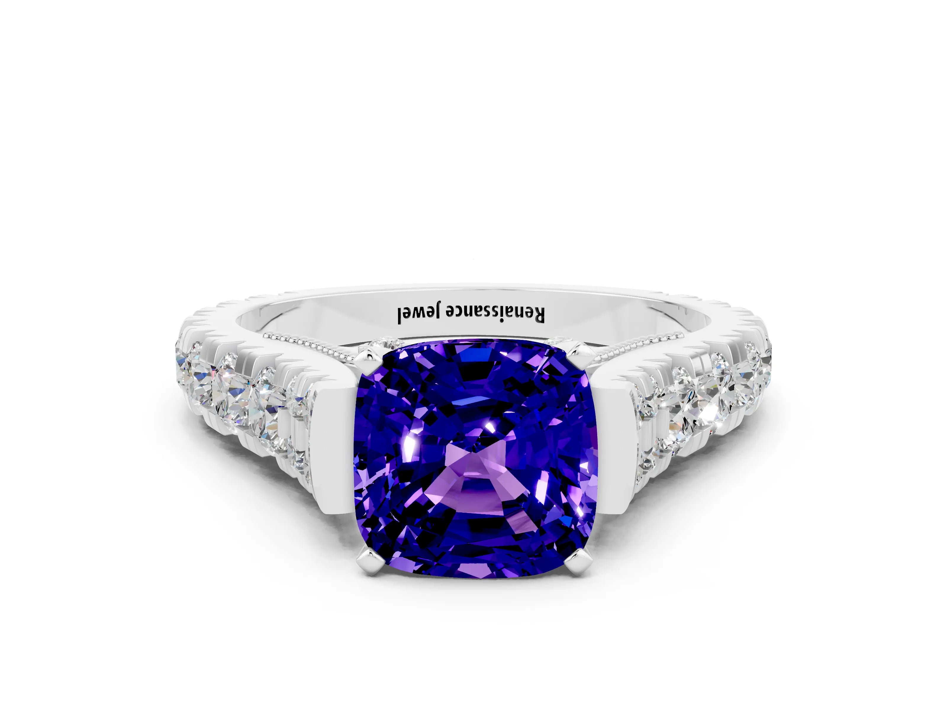 White gold Cushion Cut Tanzanite Classic Solitaire Ring with Pavé Band and Four-Prong Setting