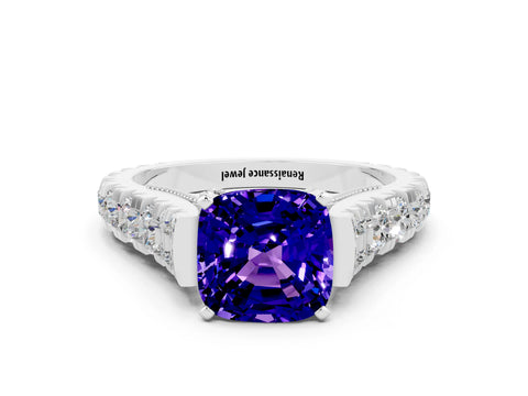 White gold Cushion Cut Tanzanite Classic Solitaire Ring with Pavé Band and Four-Prong Setting