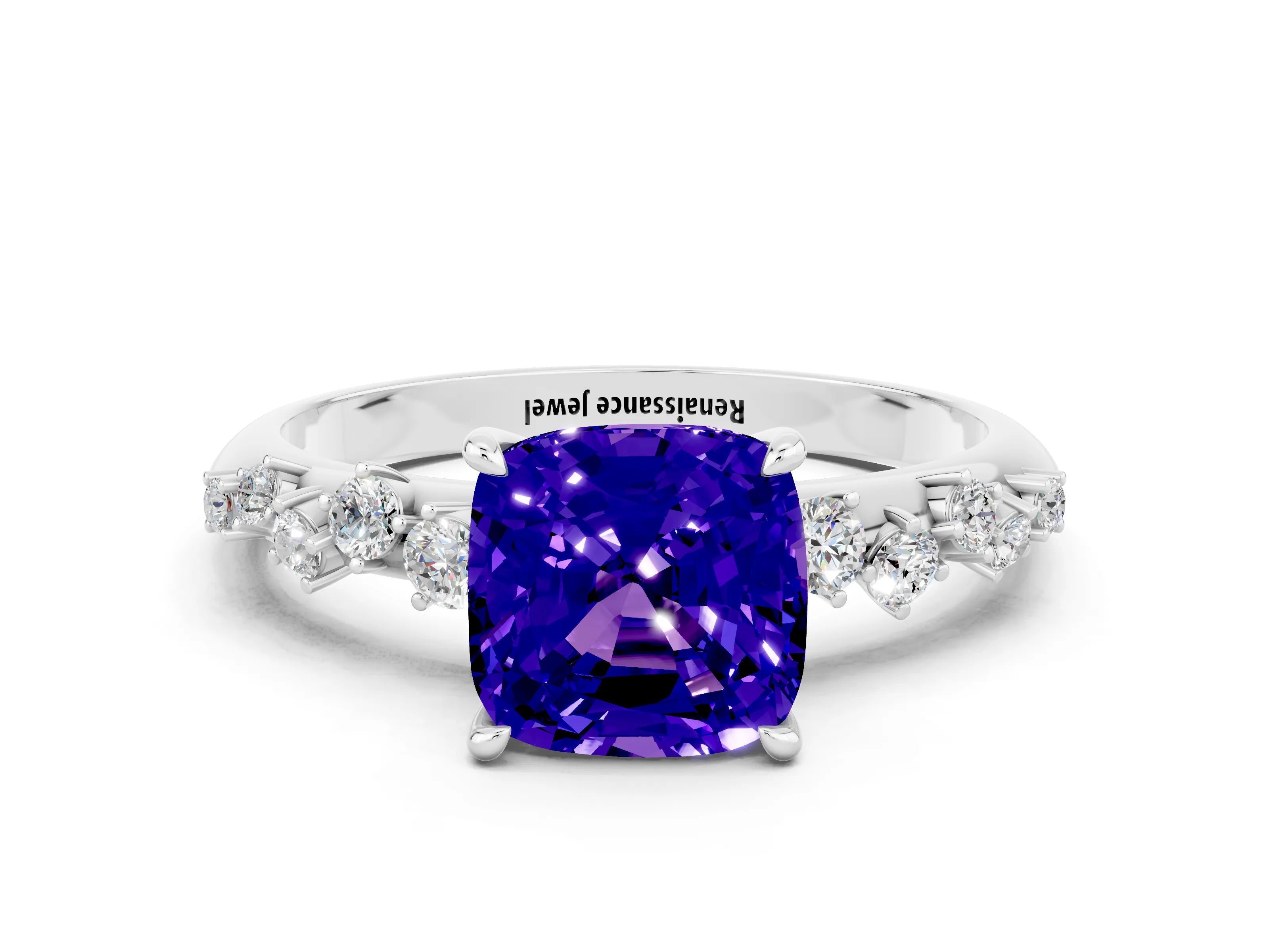 White gold Cushion Cut Tanzanite Cluster Side Stone Solitaire Ring with Prong Setting_24
