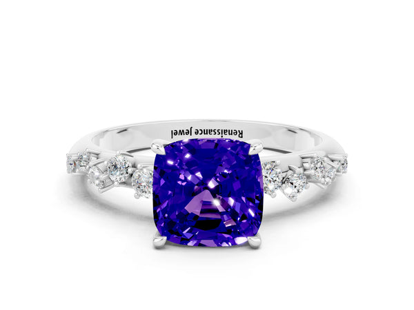 Platinum Cushion Cut Tanzanite Cluster Side Stone Solitaire Ring with Prong Setting