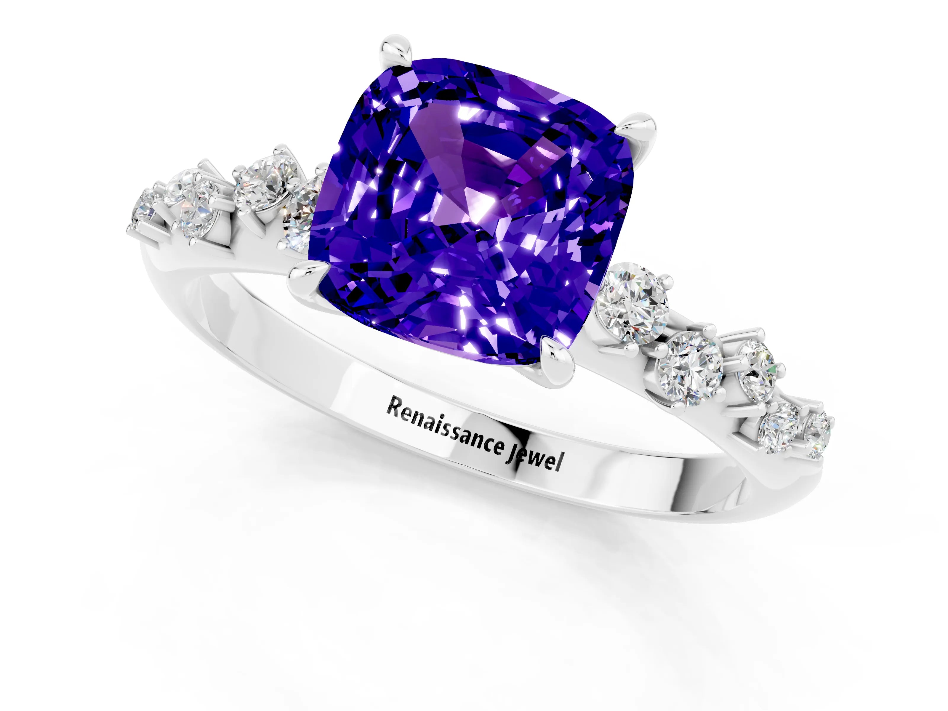 White gold Cushion Cut Tanzanite Cluster Side Stone Solitaire Ring with Prong Setting_25