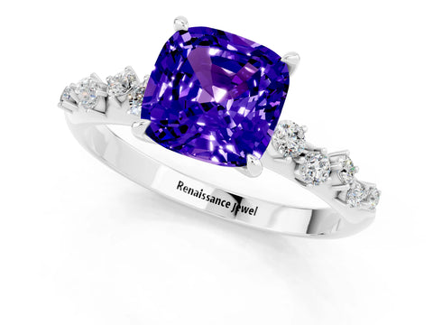 White gold Cushion Cut Tanzanite Cluster Side Stone Solitaire Ring with Prong Setting_25