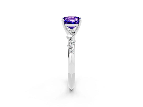 White gold Cushion Cut Tanzanite Cluster Side Stone Solitaire Ring with Prong Setting