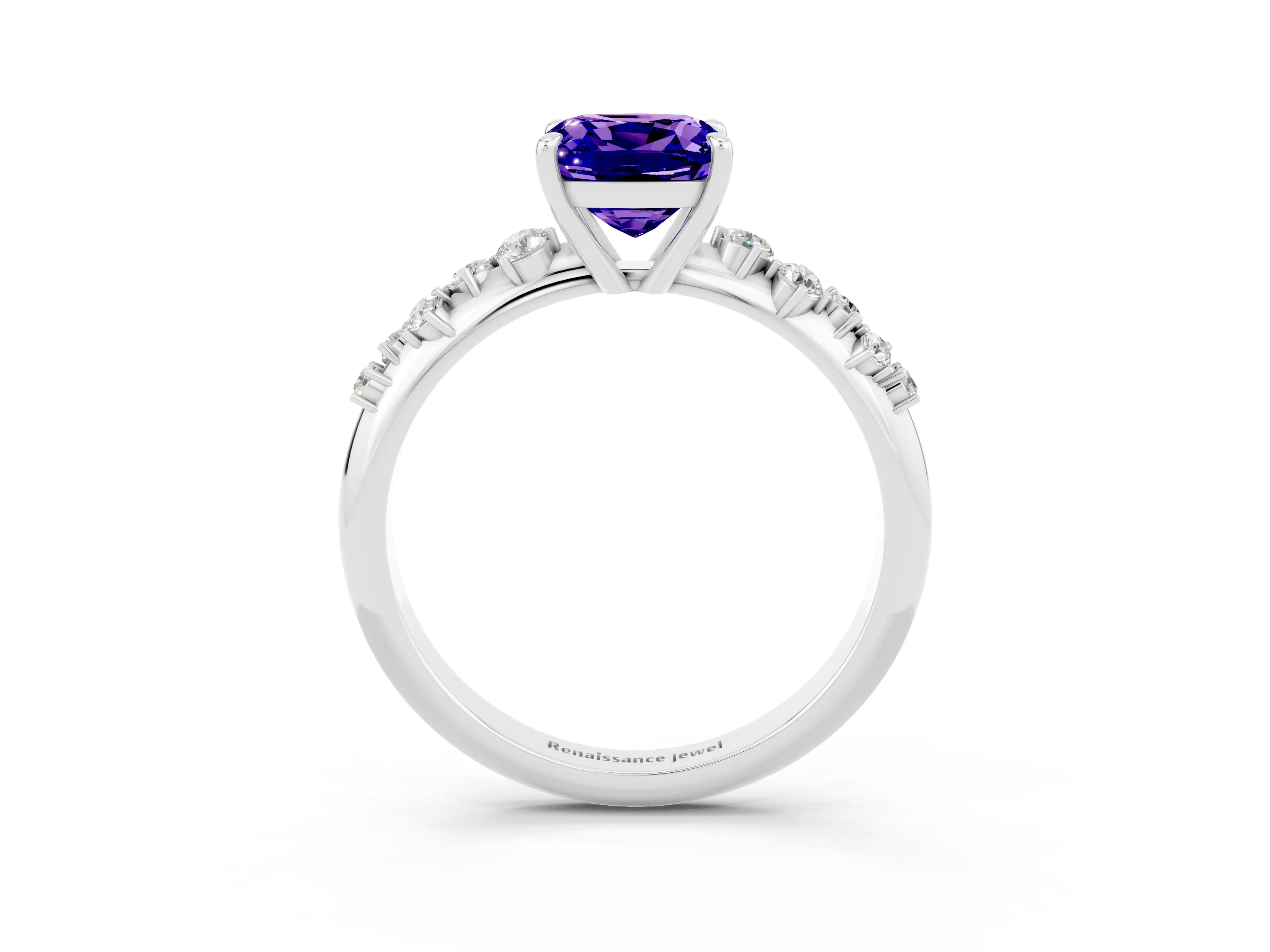 White gold Cushion Cut Tanzanite Cluster Side Stone Solitaire Ring with Prong Setting_27