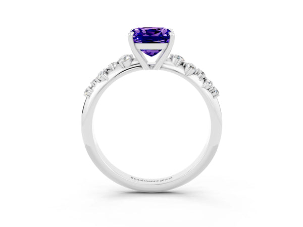 Silver Cushion Cut Tanzanite Cluster Side Stone Solitaire Ring with Prong Setting