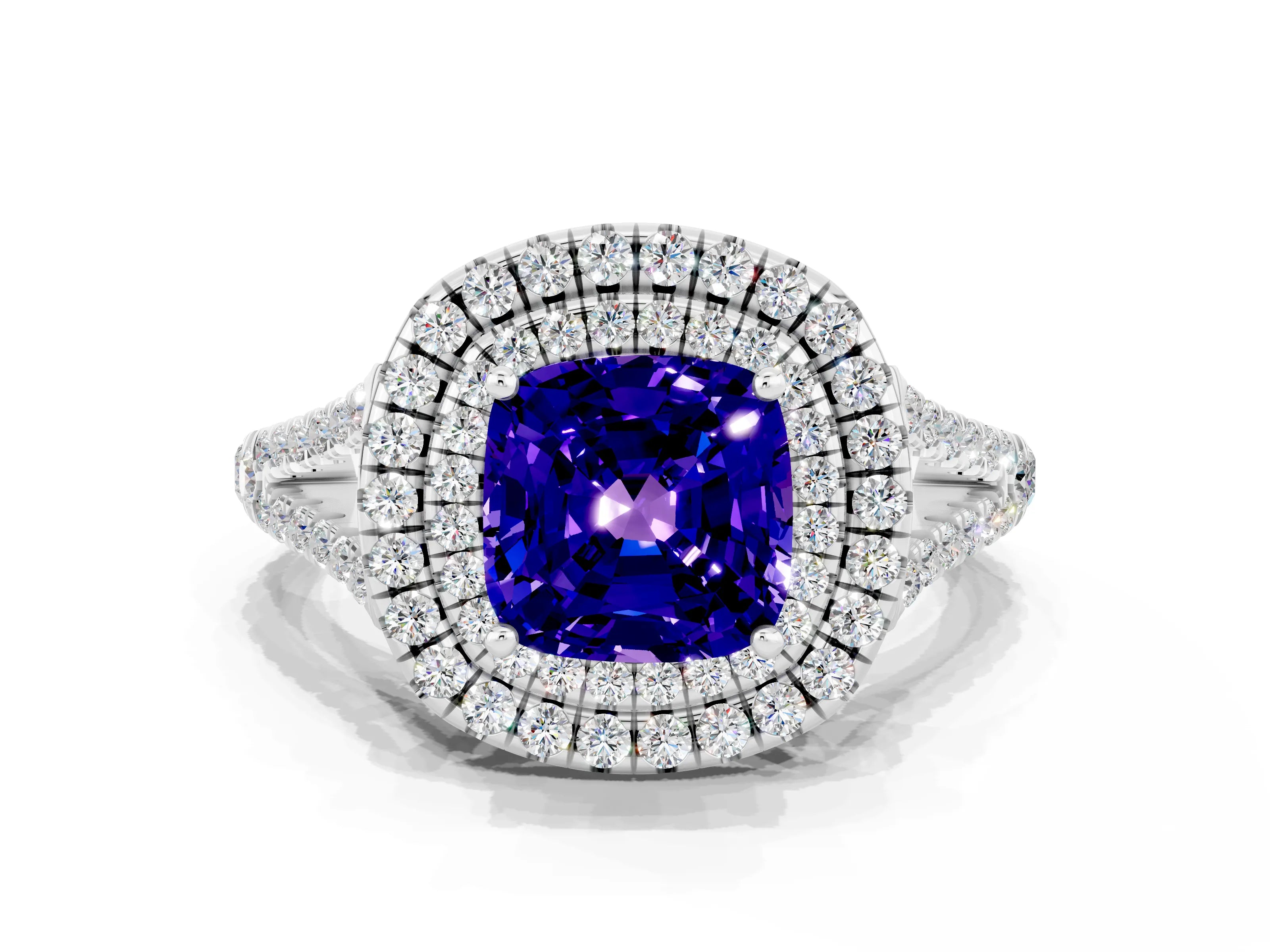 White gold Cushion Cut Tanzanite Double Halo Ring with Pavé Band and Prong Setting_12