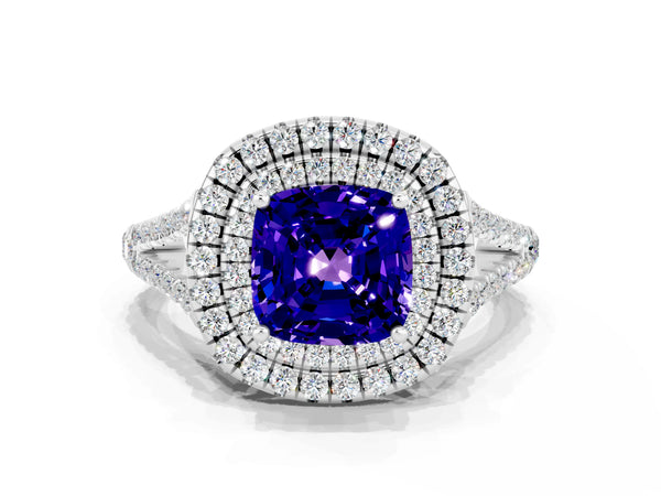 Platinum Cushion Cut Tanzanite Double Halo Ring with Pavé Band and Prong Setting