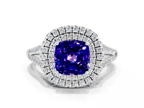 White gold Cushion Cut Tanzanite Double Halo Ring with Pavé Band and Prong Setting_12