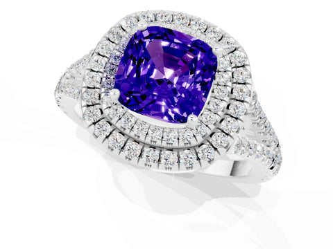 White gold Cushion Cut Tanzanite Double Halo Ring with Pavé Band and Prong Setting_13