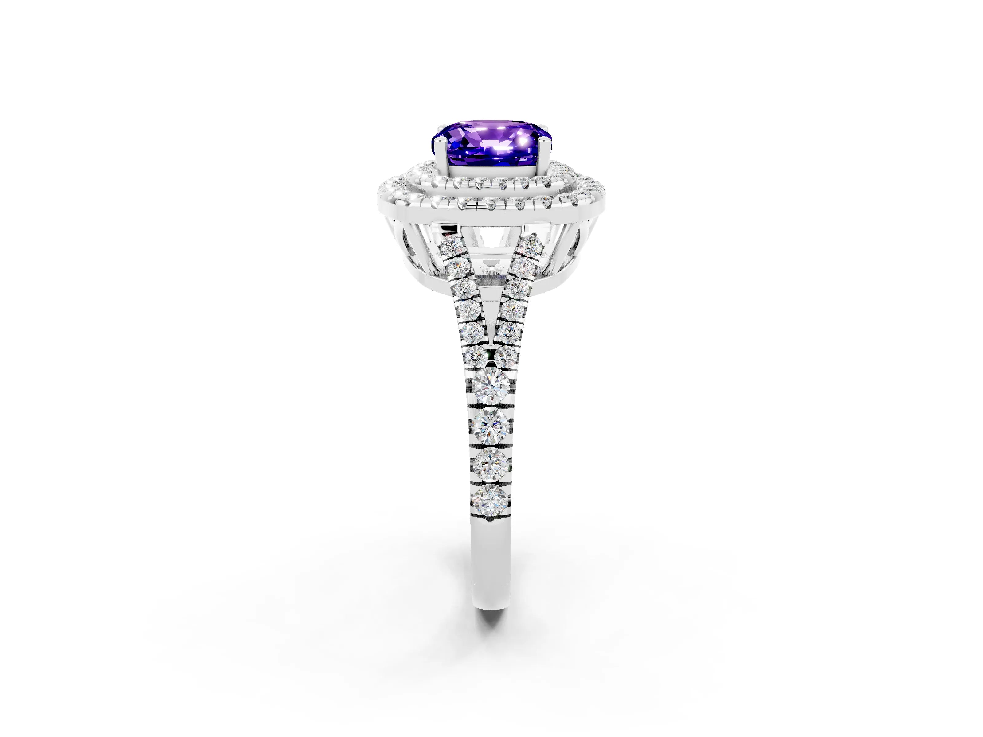 White gold Cushion Cut Tanzanite Double Halo Ring with Pavé Band and Prong Setting_14