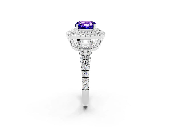Platinum Cushion Cut Tanzanite Double Halo Ring with Pavé Band and Prong Setting