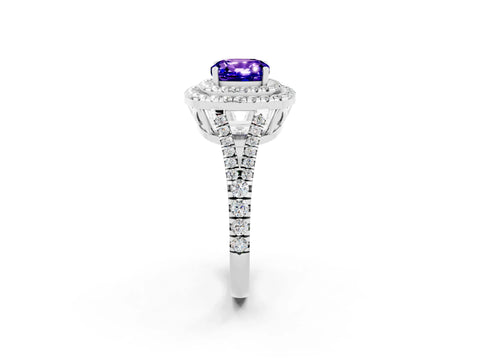 White gold Cushion Cut Tanzanite Double Halo Ring with Pavé Band and Prong Setting_14