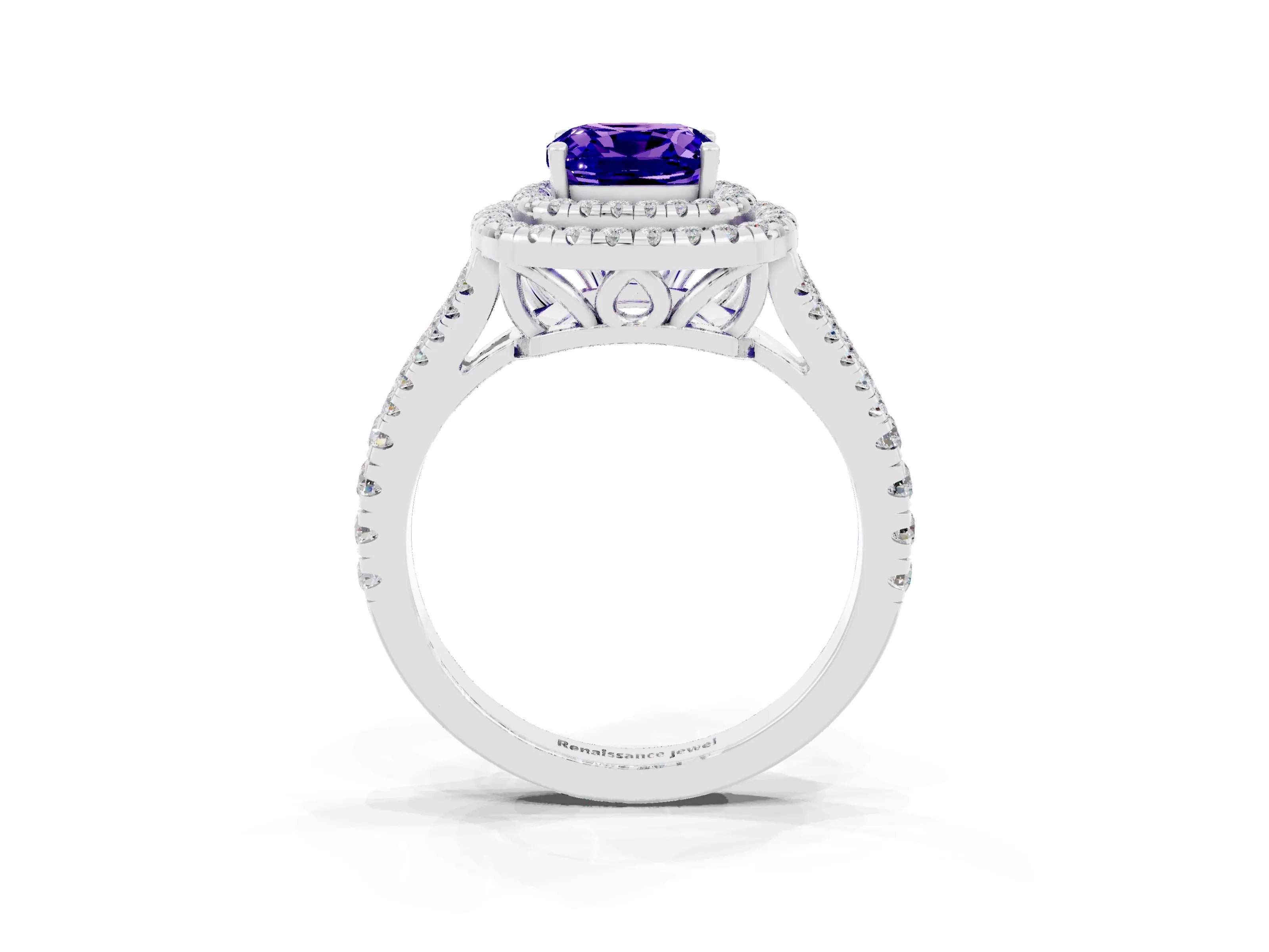 White gold Cushion Cut Tanzanite Double Halo Ring with Pavé Band and Prong Setting_15