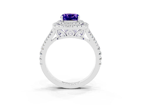 White gold Cushion Cut Tanzanite Double Halo Ring with Pavé Band and Prong Setting_15