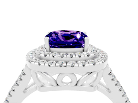 White gold Cushion Cut Tanzanite Double Halo Ring with Pavé Band and Prong Setting_16