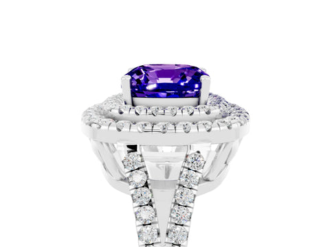 White gold Cushion Cut Tanzanite Double Halo Ring with Pavé Band and Prong Setting_17