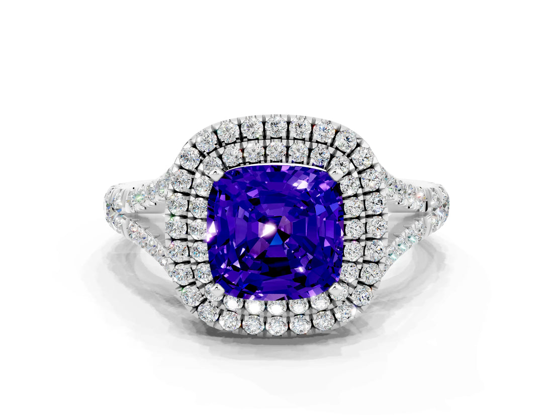Silver Tanzanite Double Halo Ring with Split Shank and Prong Setting