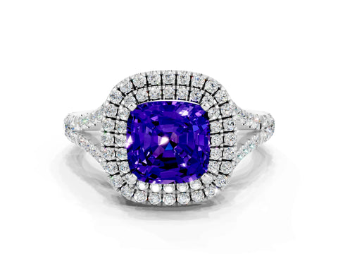 White gold Cushion Cut Tanzanite Double Halo Ring with Split Shank and Prong Setting_12