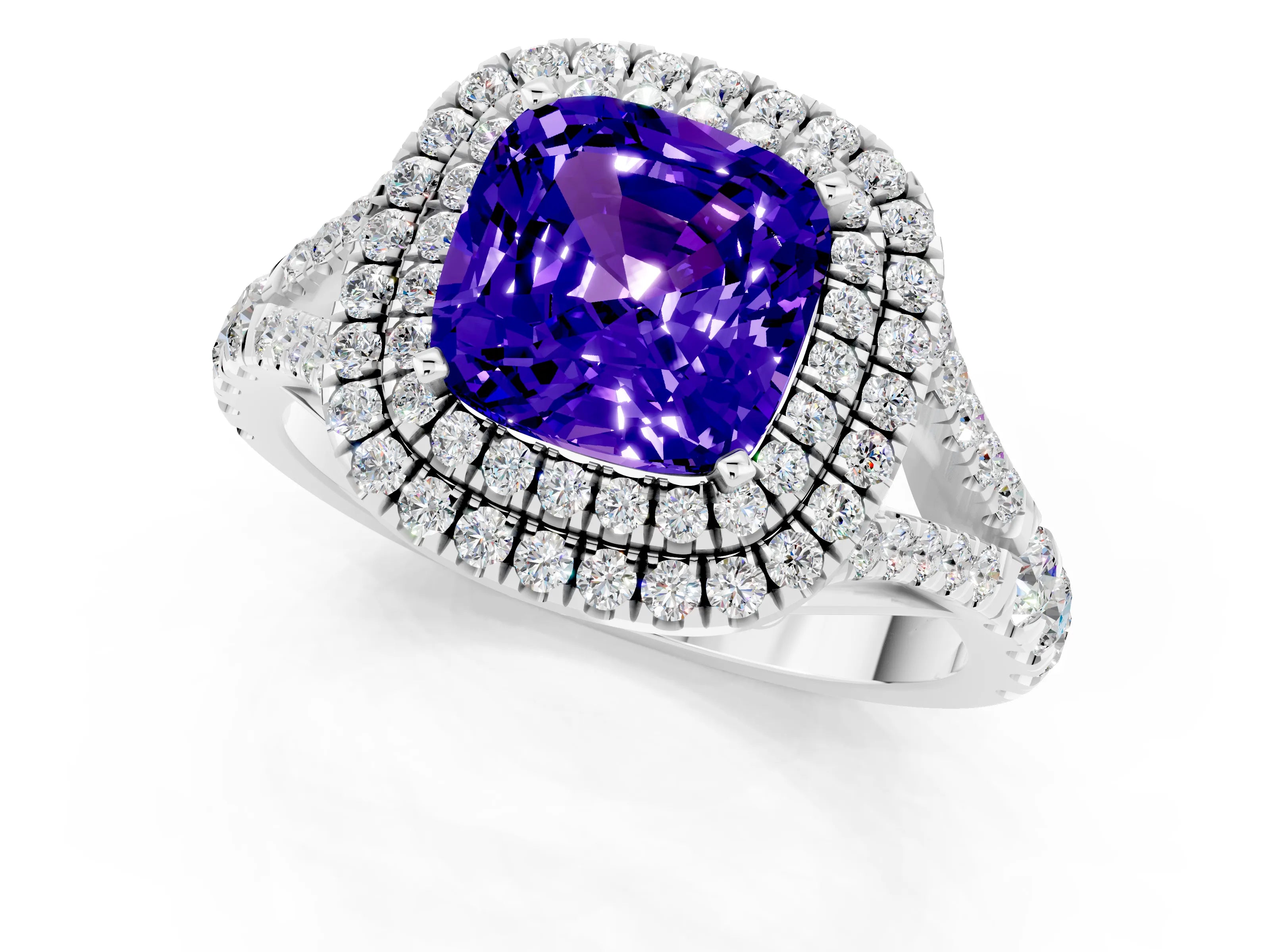 White gold Cushion Cut Tanzanite Double Halo Ring with Split Shank and Prong Setting_13