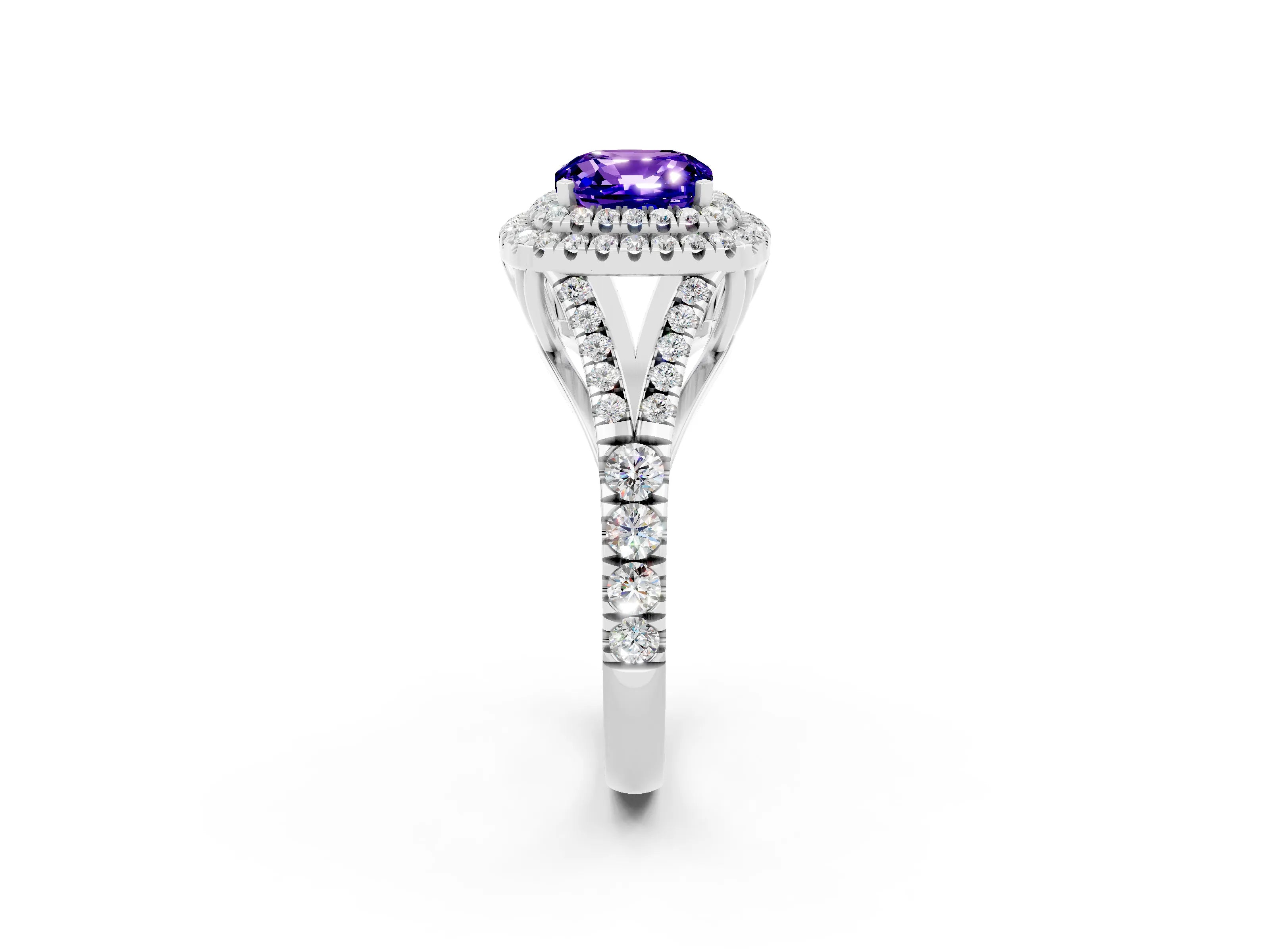 White gold Cushion Cut Tanzanite Double Halo Ring with Split Shank and Prong Setting_14