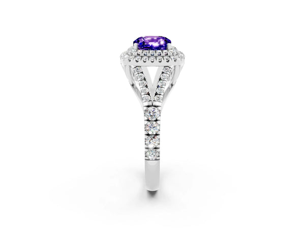 Silver Cushion Cut Tanzanite Double Halo Ring with Split Shank and Prong Setting
