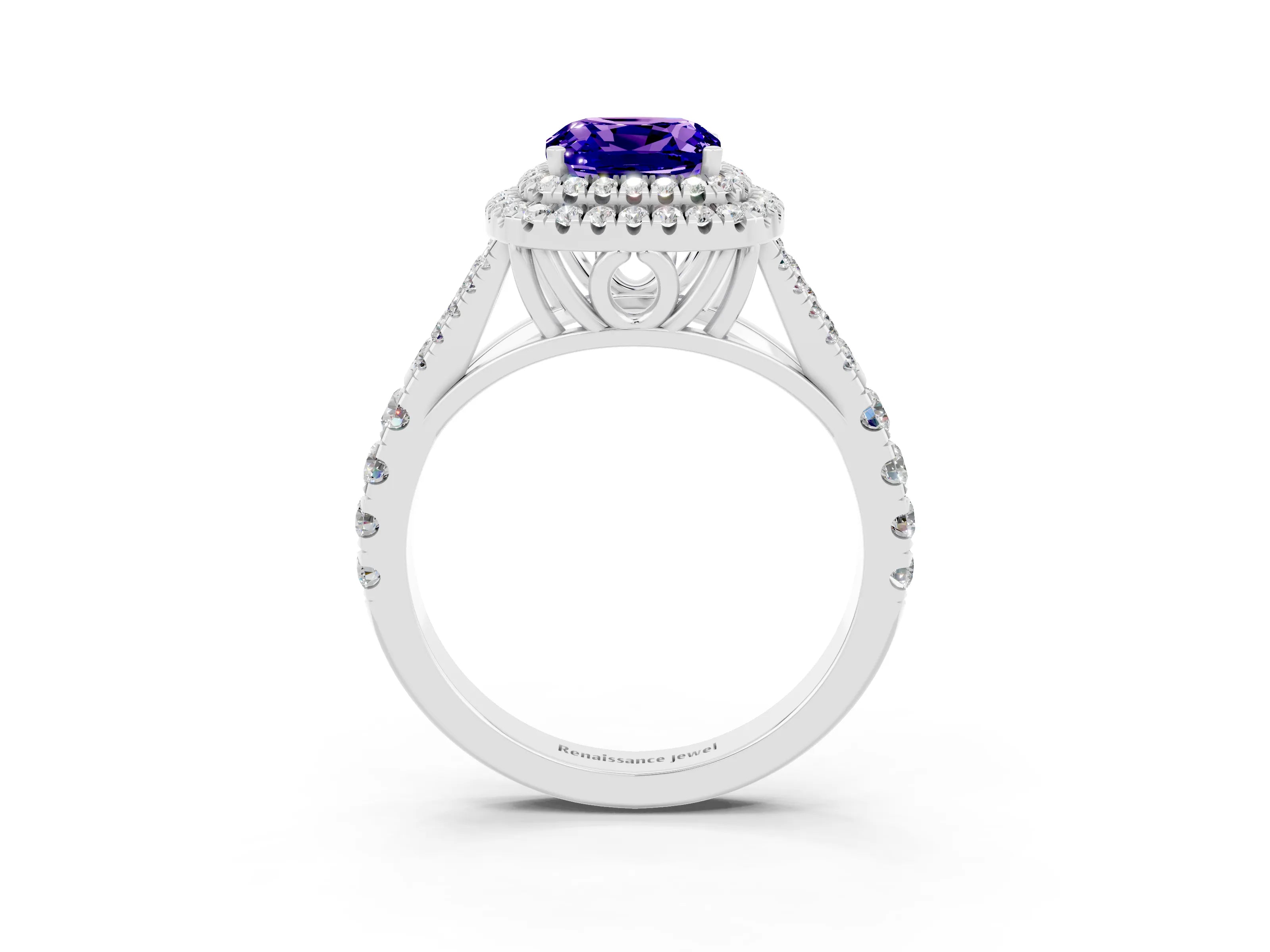 White gold Cushion Cut Tanzanite Double Halo Ring with Split Shank and Prong Setting_15