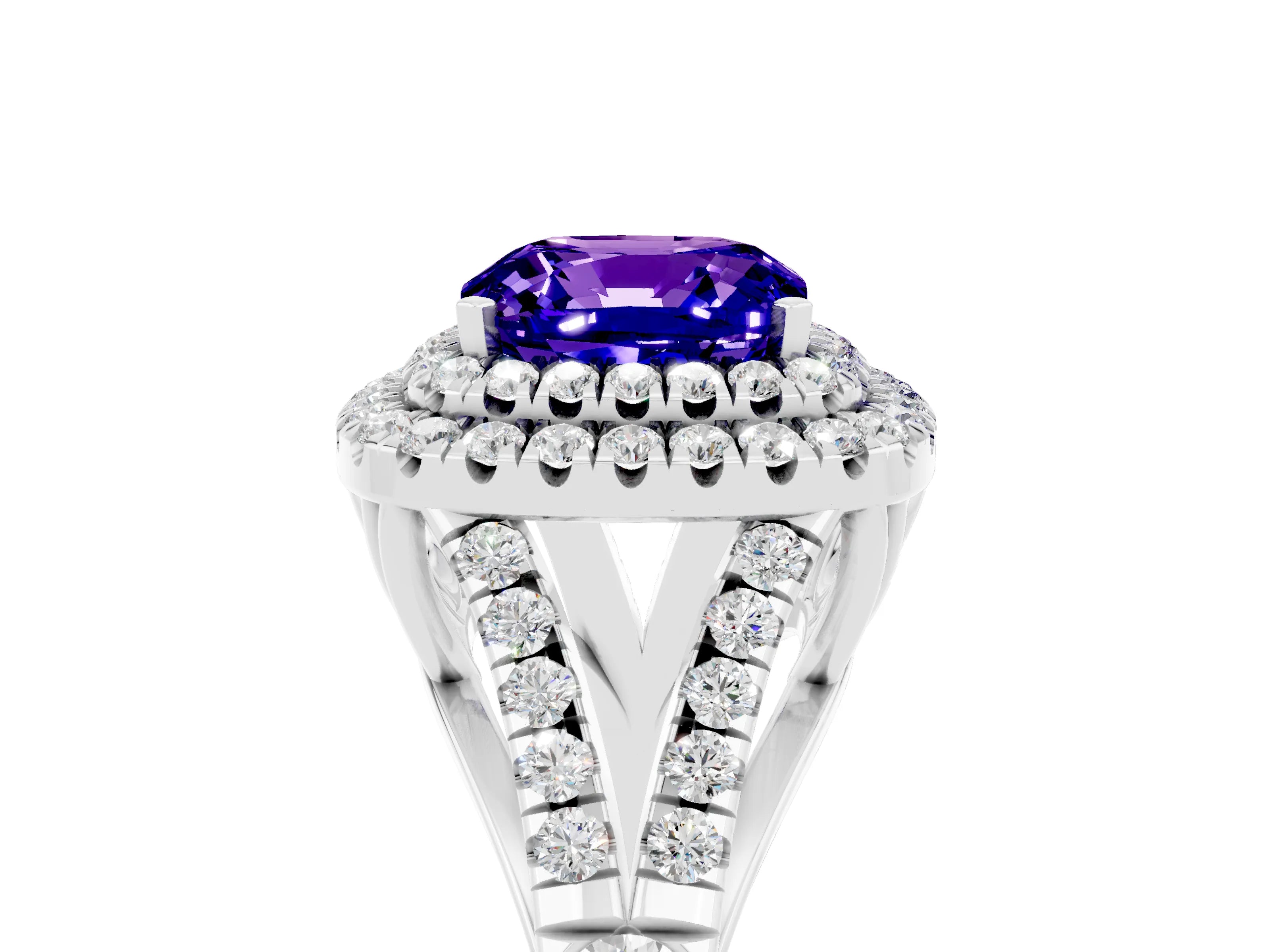 White gold Cushion Cut Tanzanite Double Halo Ring with Split Shank and Prong Setting_17