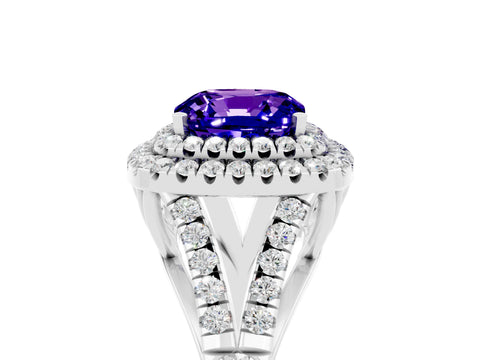 White gold Cushion Cut Tanzanite Double Halo Ring with Split Shank and Prong Setting_17