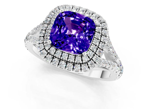 White gold Cushion Cut Tanzanite Double Halo Ring with Split Shank and Prong Setting