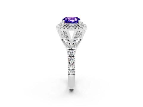 White gold Cushion Cut Tanzanite Double Halo Ring with Split Shank and Prong Setting_26
