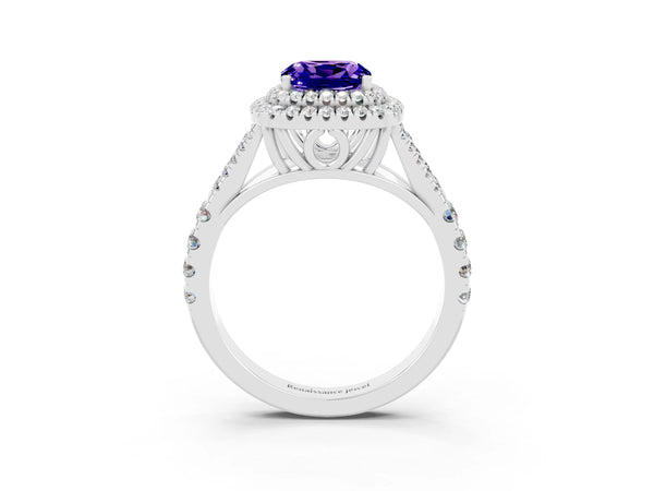 White gold Cushion Cut Tanzanite Double Halo Ring with Split Shank and Prong Setting