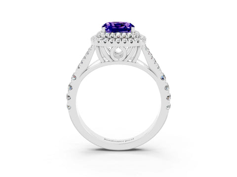 White gold Cushion Cut Tanzanite Double Halo Ring with Split Shank and Prong Setting_27
