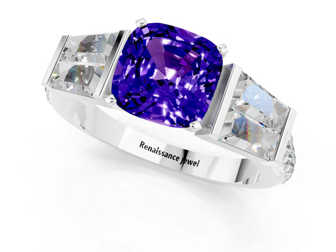 White gold Cushion Cut Tanzanite Engagement Ring with Baguette Side Stones and Channel Set Band_1