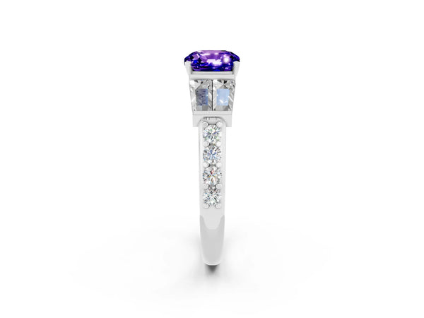 White gold Cushion Cut Tanzanite Engagement Ring with Baguette Side Stones and Channel Set Band