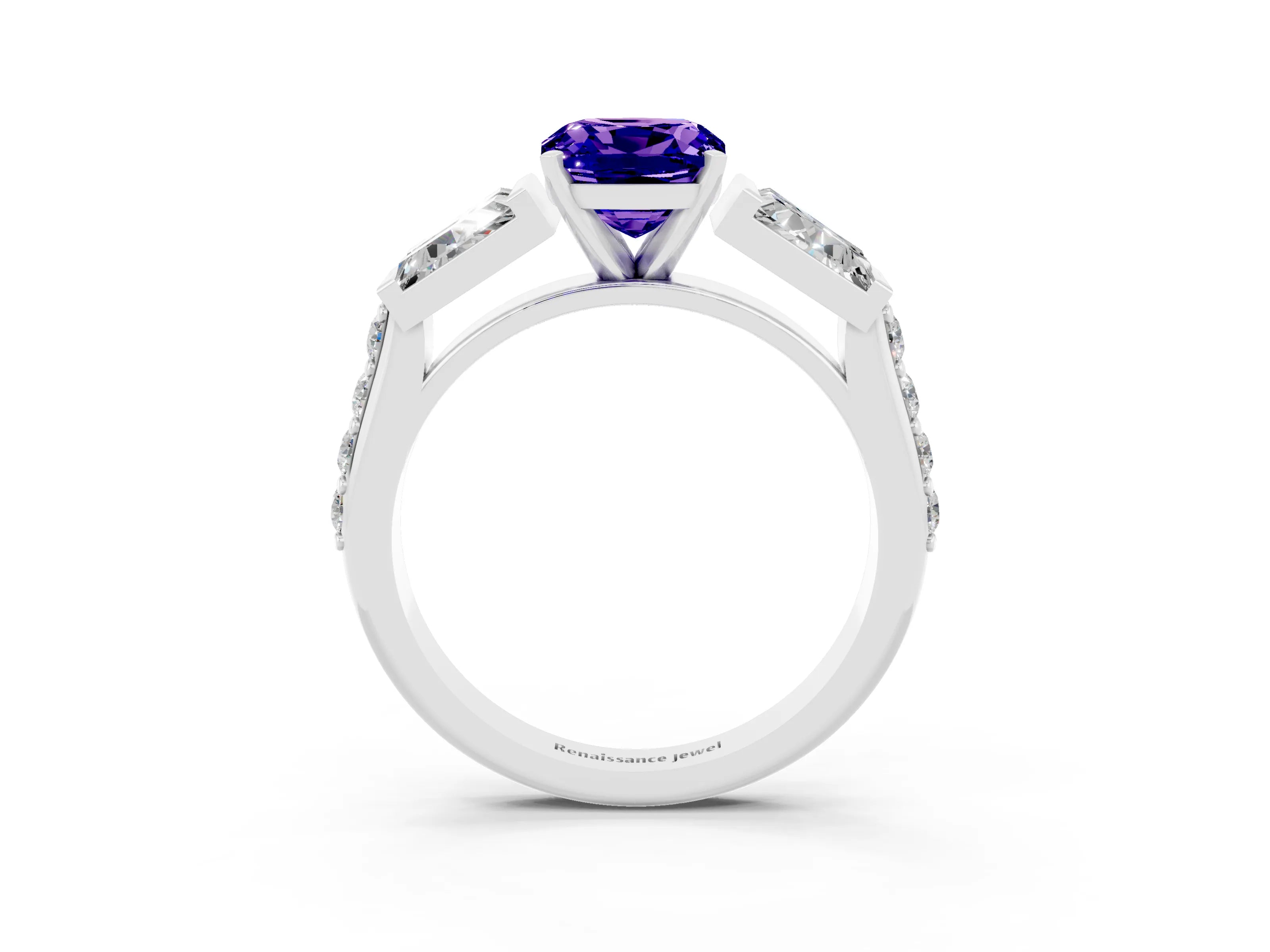 White gold Cushion Cut Tanzanite Engagement Ring with Baguette Side Stones and Channel Set Band_3