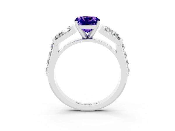 Platinum Cushion Cut Tanzanite Engagement Ring with Baguette Side Stones and Channel Set Band