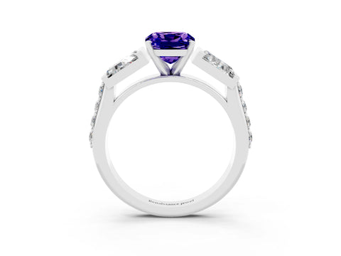 White gold Cushion Cut Tanzanite Engagement Ring with Baguette Side Stones and Channel Set Band_3