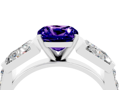 White gold Cushion Cut Tanzanite Engagement Ring with Baguette Side Stones and Channel Set Band_4