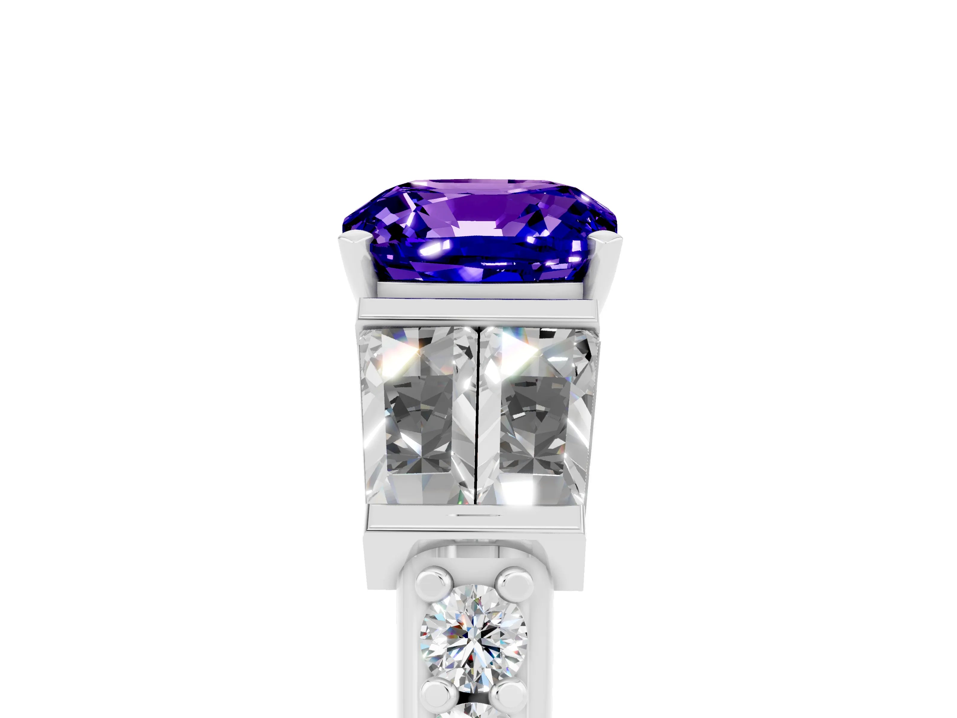 White gold Cushion Cut Tanzanite Engagement Ring with Baguette Side Stones and Channel Set Band_5