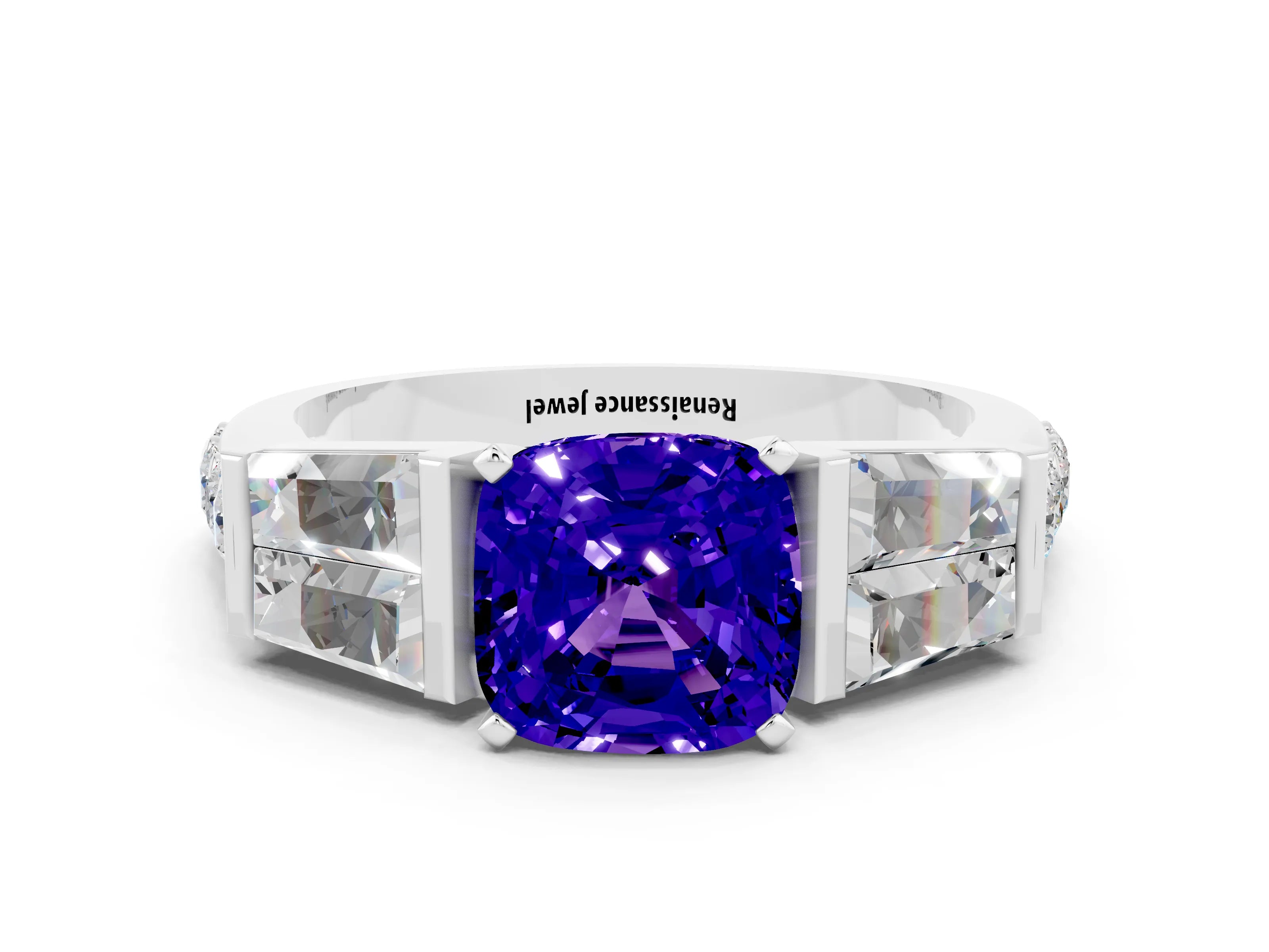 White gold Cushion Cut Tanzanite Engagement Ring with Baguette Side Stones and Channel Set Band