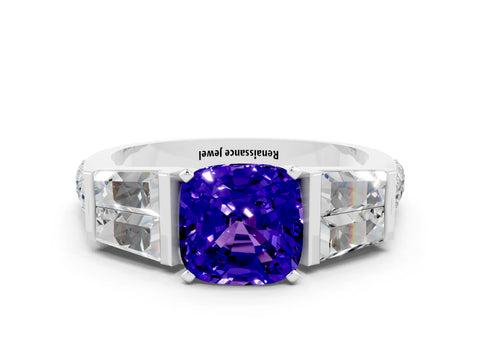 White gold Cushion Cut Tanzanite Engagement Ring with Baguette Side Stones and Channel Set Band