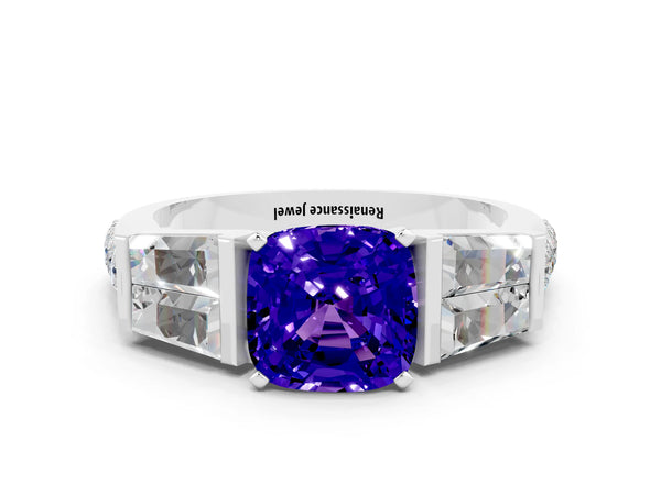 White gold Cushion Cut Tanzanite Engagement Ring with Baguette Side Stones and Channel Set Band