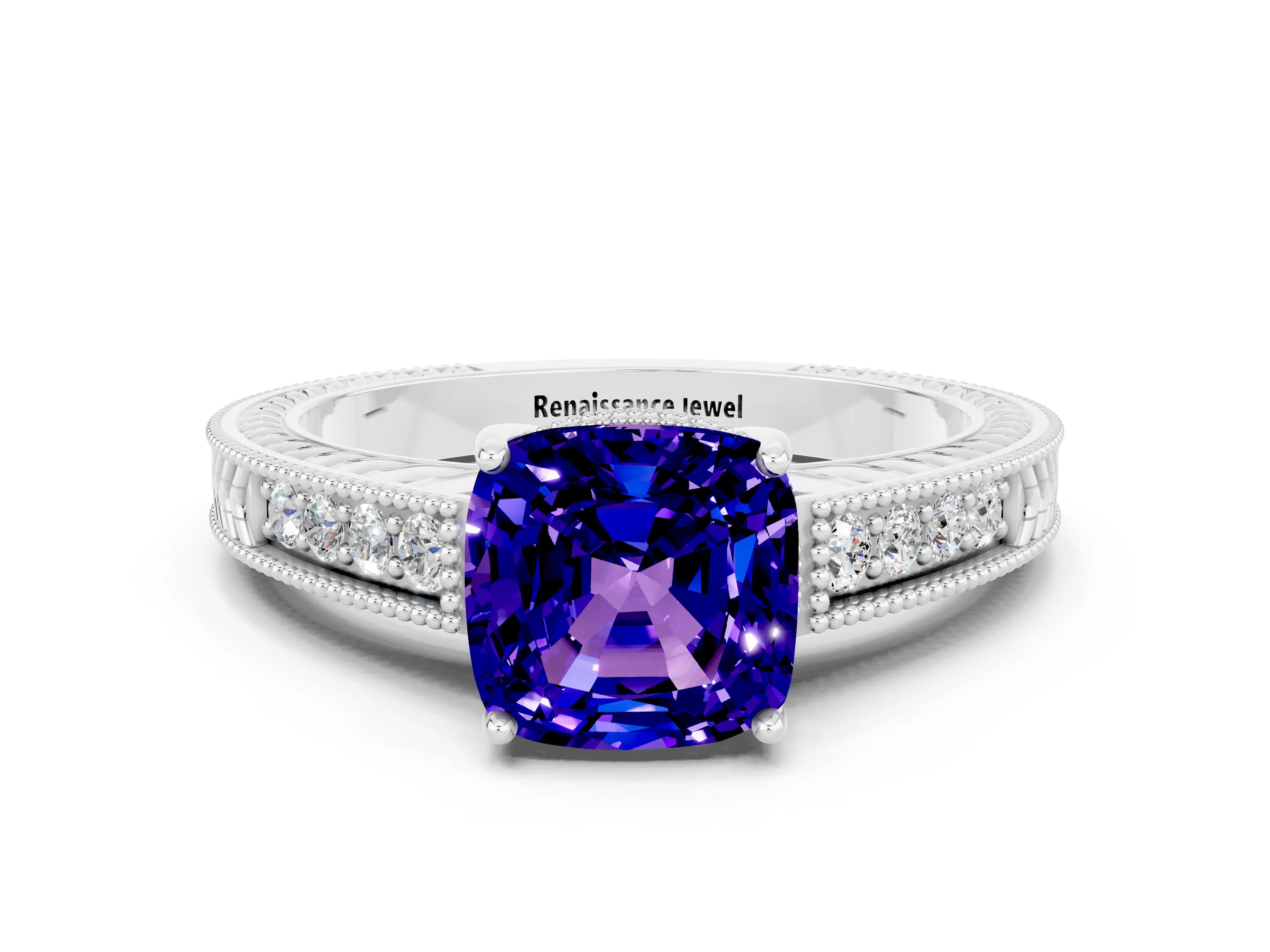 White gold Cushion Cut Tanzanite Engagement Ring with Milgrain Channel Set Band and Prong Setting
