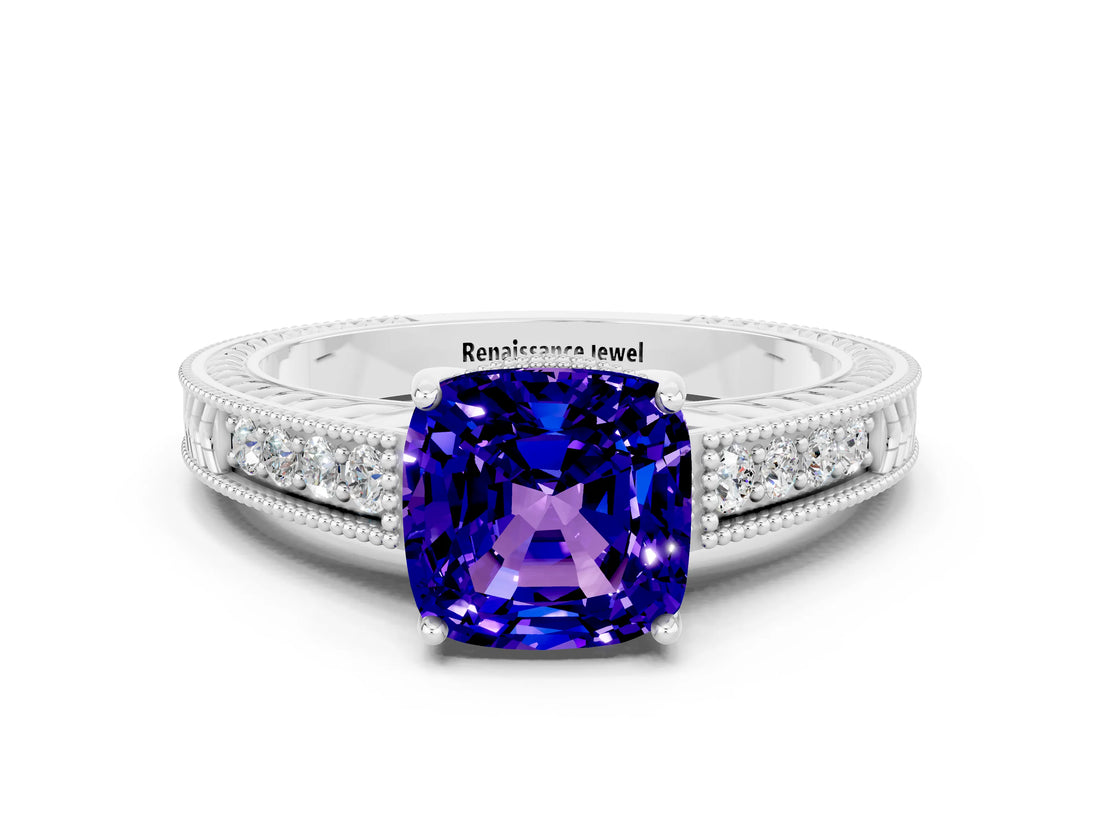 White gold Cushion Cut Tanzanite Engagement Ring with Milgrain Channel Set Band and Prong Setting