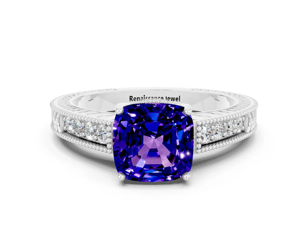 Platinum Cushion Cut Tanzanite Engagement Ring with Milgrain Channel Set Band and Prong Setting