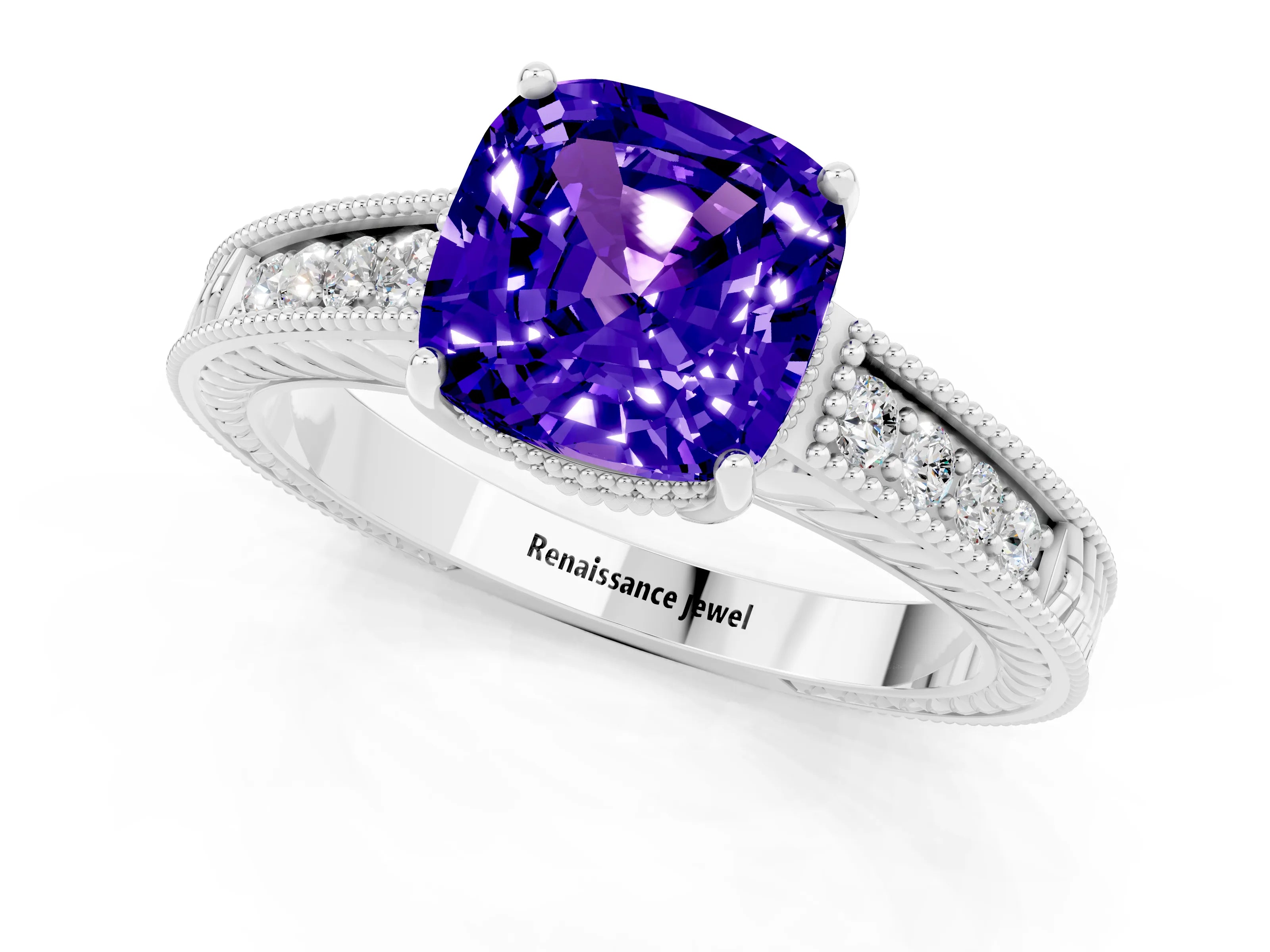 White gold Cushion Cut Tanzanite Engagement Ring with Milgrain Channel Set Band and Prong Setting_1