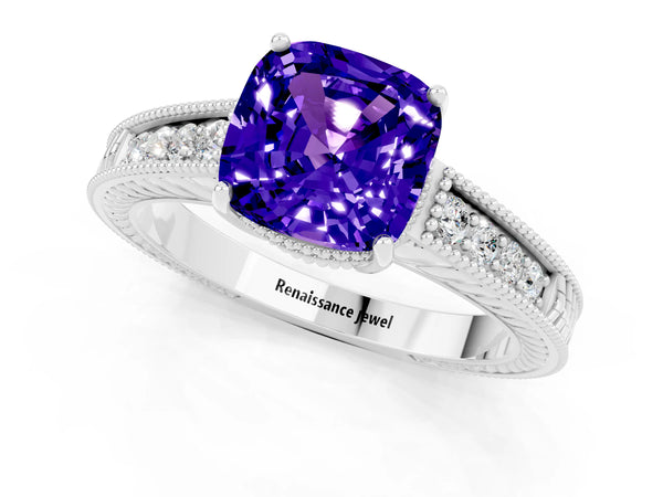 White gold Cushion Cut Tanzanite Engagement Ring with Milgrain Channel Set Band and Prong Setting